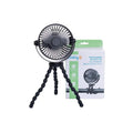 Black rechargeable stroller fan with round grille and tripod-style flexible stand