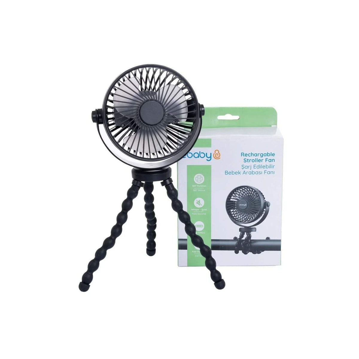 Black rechargeable stroller fan with round grille and tripod-style flexible stand