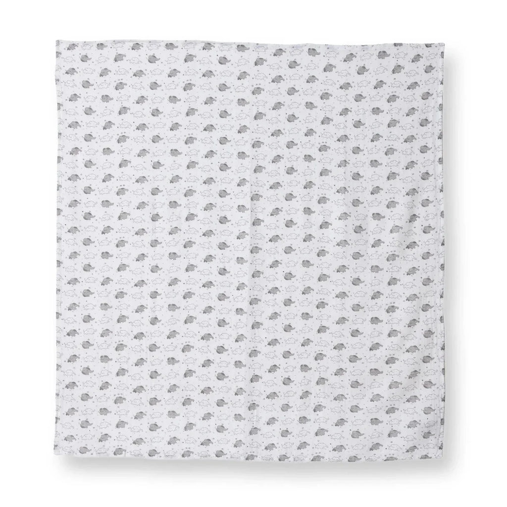 White muslin baby blanket with small gray elephant and star print