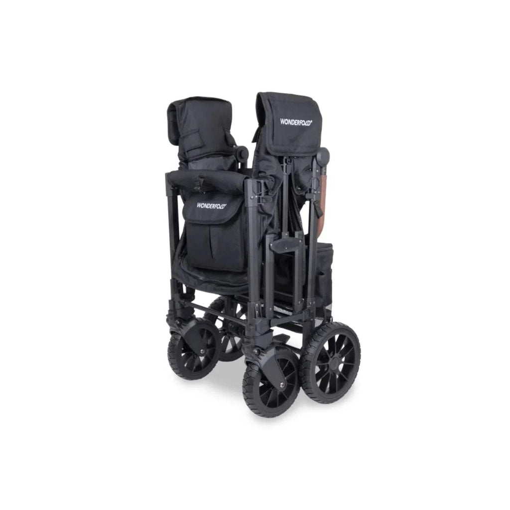 Jet black stroller wagon with two padded seats, canopy top, and safety harness straps