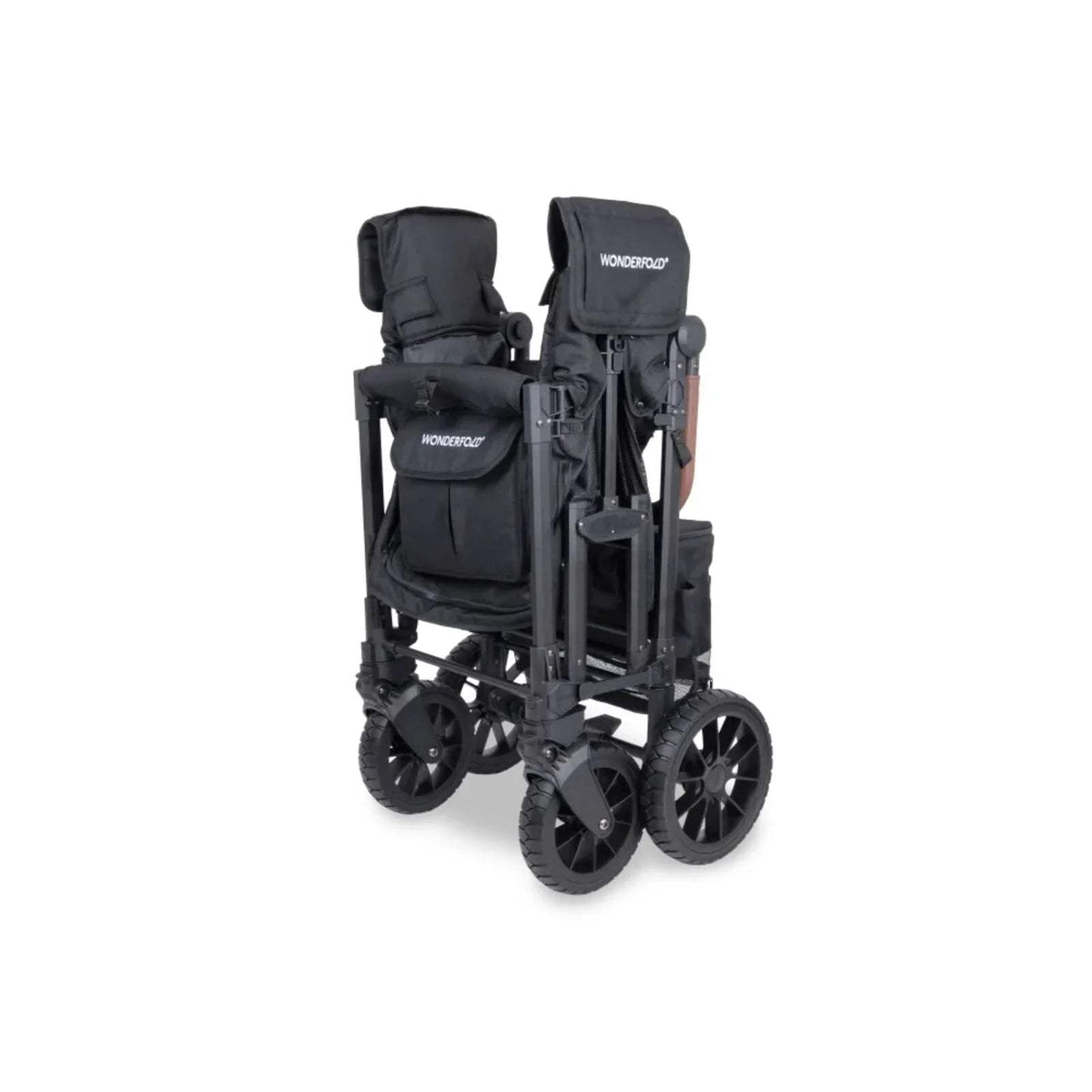 Jet black stroller wagon with two padded seats, canopy top, and safety harness straps