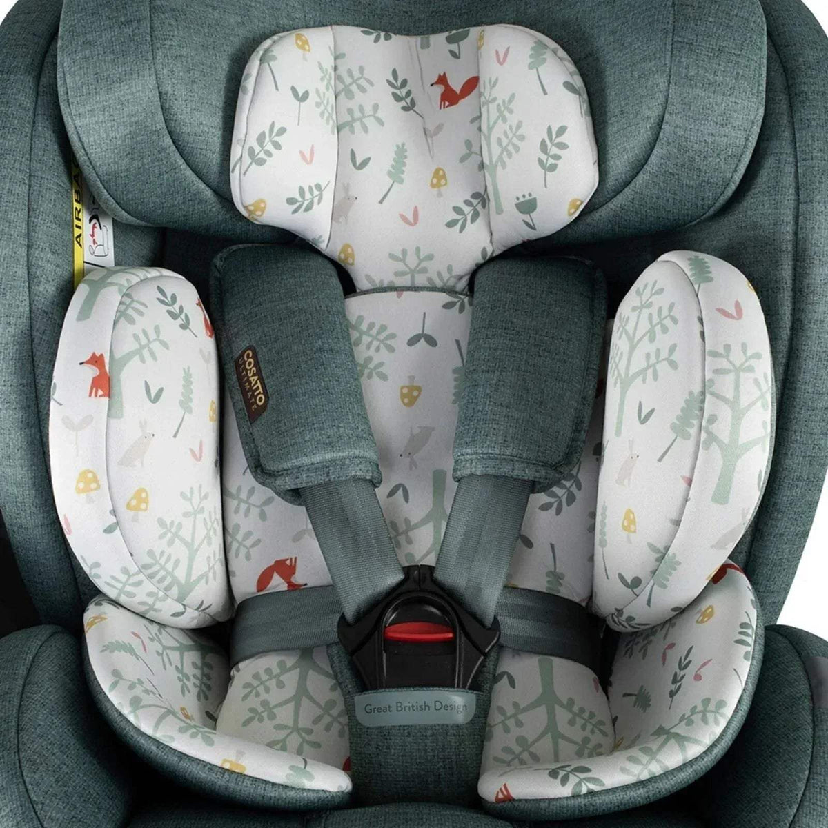 Close-up of teal infant car seat with woodland animal print inner padding and harness pads