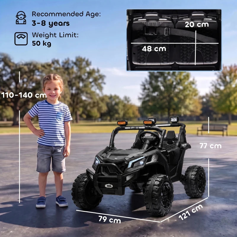 Black two-seater ride-on truck UTV with LED headlights, parked on outdoor path