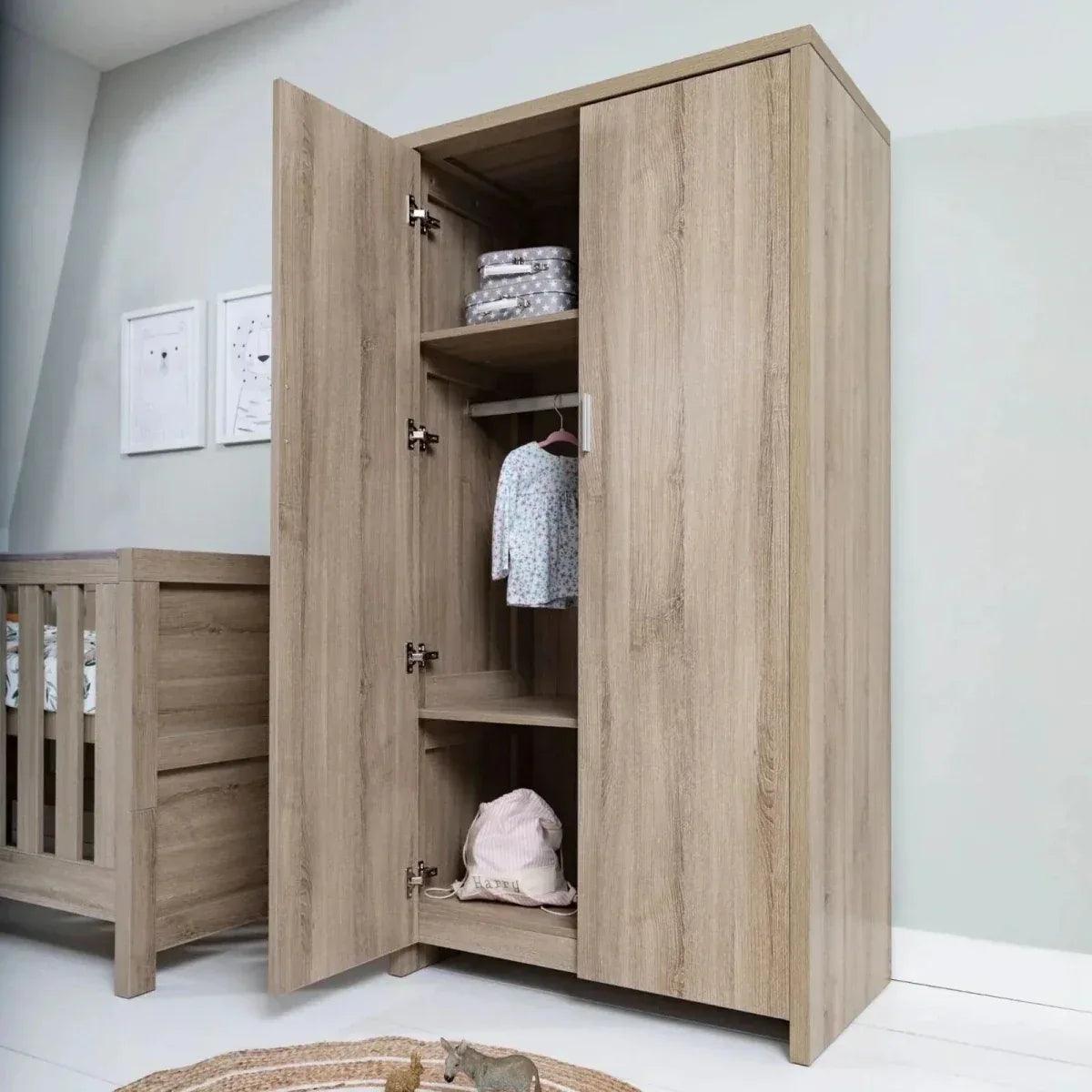 Light oak wardrobe with open doors and built-in shelves inside