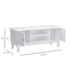 White TV cabinet dimensions view, with two side doors and central open shelf