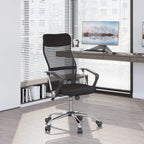 Black mesh office chair with padded seat, curved armrests, and rolling base