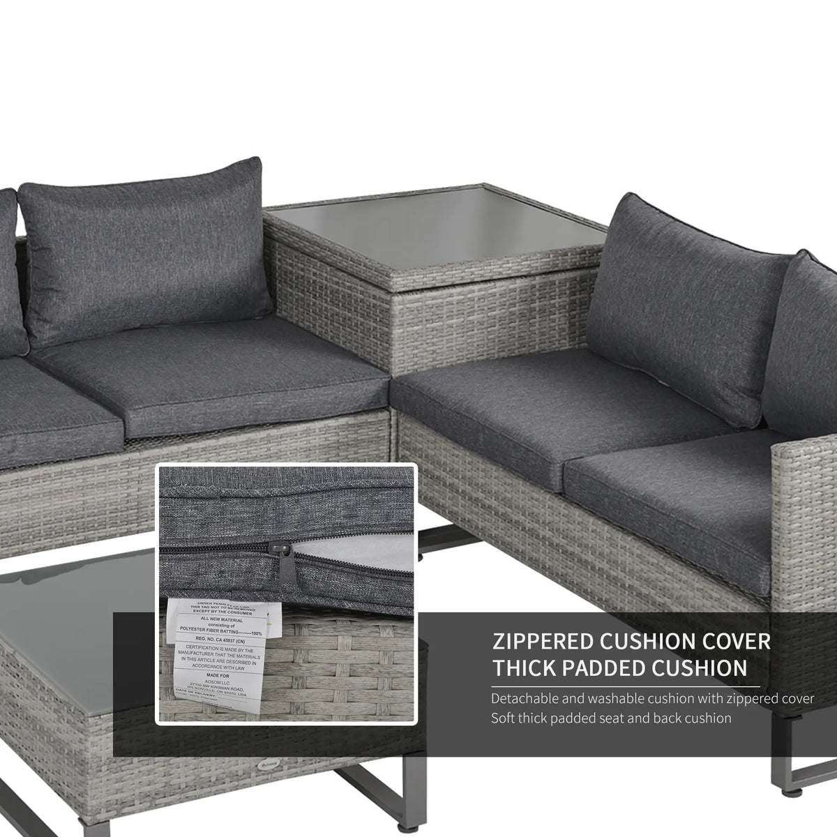 Grey rattan garden sofa set with padded cushions and removable zippered covers