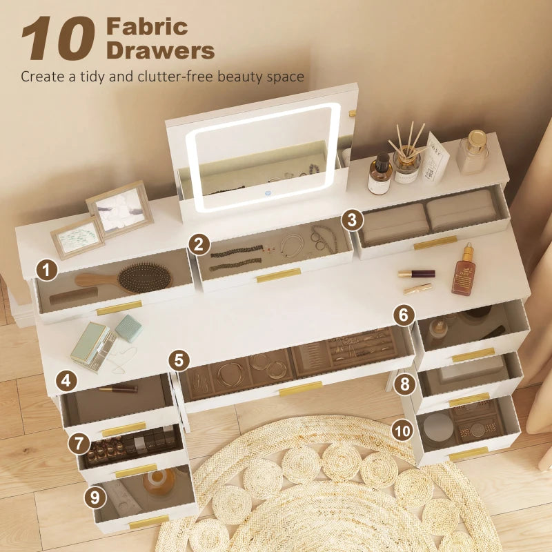 White vanity dressing table with LED mirror and multiple drawers for storage