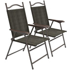 Set of two folding garden chairs with dark brown frames and dark mesh fabric seats