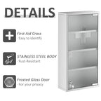 Stainless medicine cabinet with frosted glass door and cross-style organizer inside