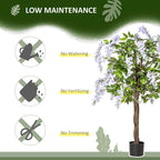 Artificial wisteria plant with purple-white blossoms in a black pot, shown as low-maintenance decor