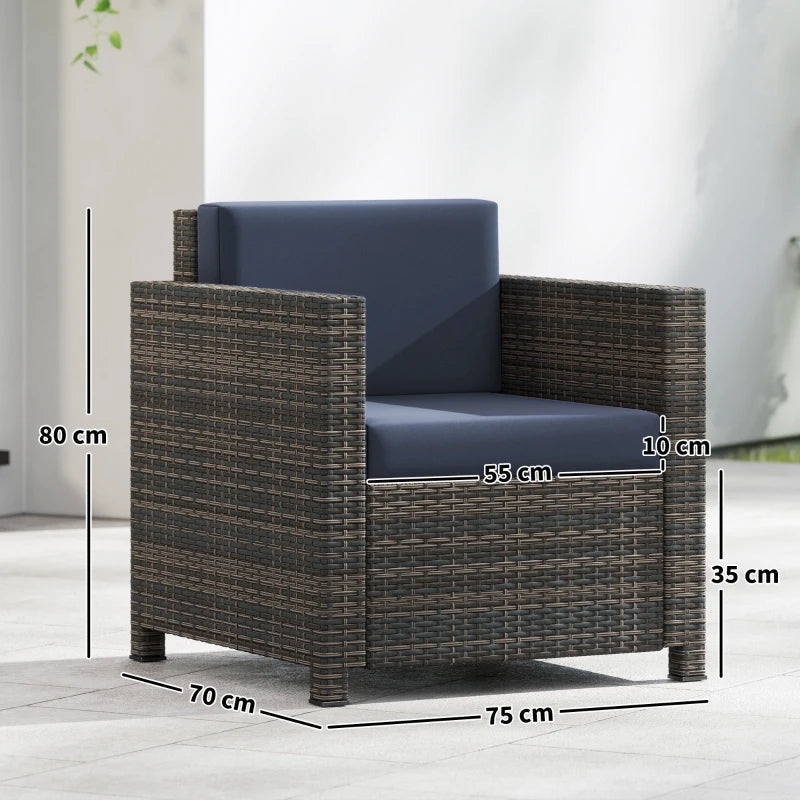 Rattan armchair with navy cushion and mixed brown frame, side view with size markers.