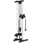 Wall-mounted dual pulley cable crossover machine with chains, pulleys, and base frame