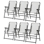 Set of folding patio chairs with cream mesh seat and back, black steel frame, armrests