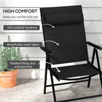 Black padded garden chair with headrest, breathable mesh back, and cushioned seat and backrest