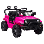 Pink 12V electric ride-on car for kids with black wheels, headlights, and front grille