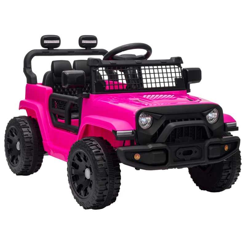 Pink 12V electric ride-on car for kids with black wheels, headlights, and front grille