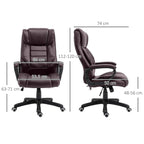 Brown PU office chair with armrests and padded seat, shown with size measurements