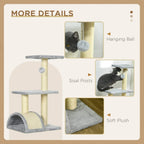 Light grey cat tree details: hanging ball, sisal posts, and soft plush pads