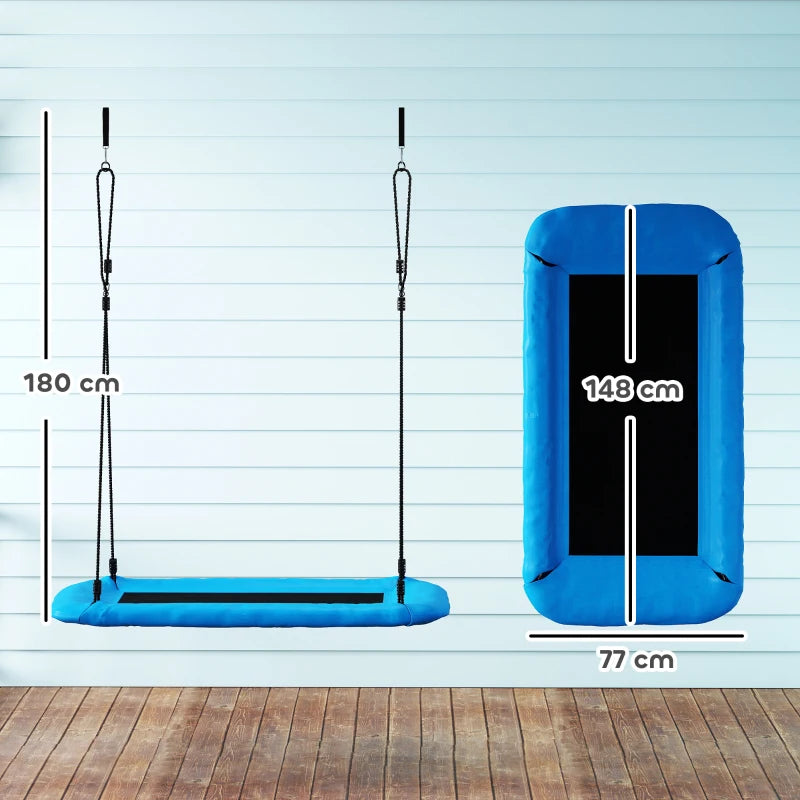 Blue nest swing with adjustable ropes, black base platform, and hanging straps