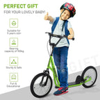 Green kids kick scooter with black deck pad and large front and rear tires