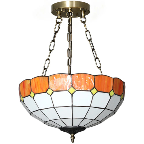 Tiffany-style semi-flush ceiling light with orange and white stained-glass shade and chains