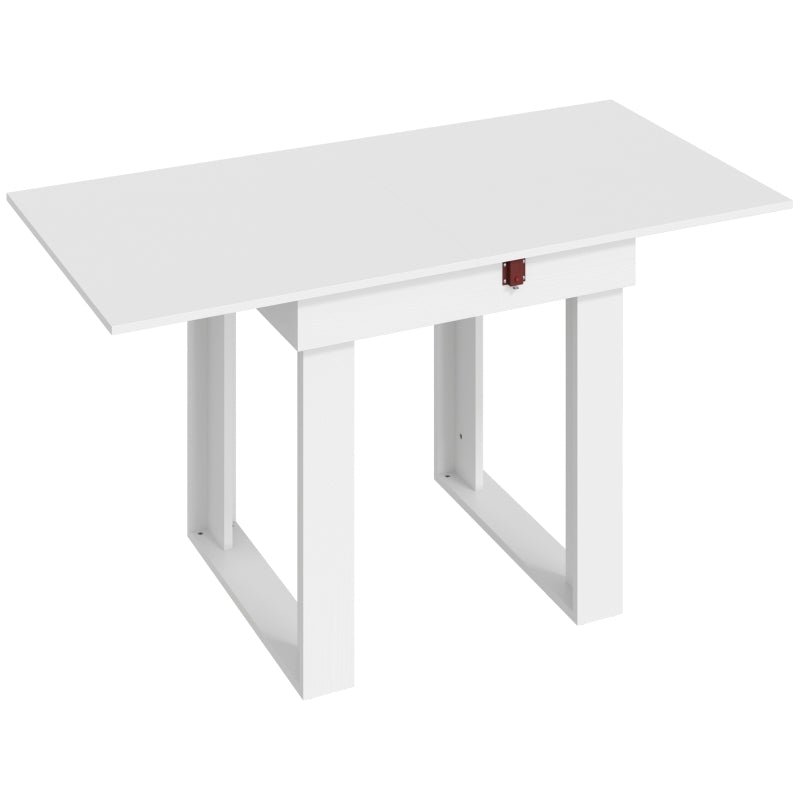 White folding dining table with under-table storage compartment and open base frame