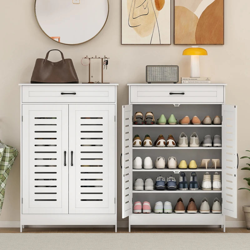White shoe storage cabinet with drawer and louvered doors, filled with shoes