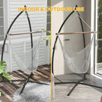 Black metal hammock chair stand with woven sling hammock and hanging chain