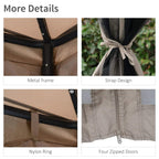 Gazebo frame and door details: metal supports, straps, and zipped mesh panels