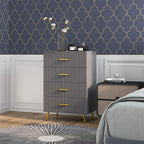 Dark grey dresser with embossed vertical lines, four drawers, and gold-tone bar handles