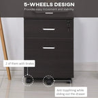 Locking rolling filing cabinet with two drawers, caster wheels with brakes and anti-tip support
