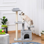 Light grey cat tree tower with plush platforms, cubby house, and hanging ball, cat sitting