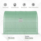 Green translucent greenhouse cover with center window panel and stable steel frame