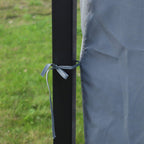Curtain tie strap attached to dark metal gazebo frame post