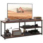 Rustic brown TV console table with metal frame and two open storage shelves