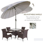 Light grey tilting parasol with adjustable canopy angle over patio seating