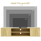 Floating TV cabinet in natural wood with open center shelf and two round pull knobs