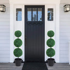 Artificial plant with three-tier green pom-pom topiary trees in black pots for indoor