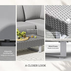 Grey rattan side table with adjustable leveling feet and clear tempered glass top