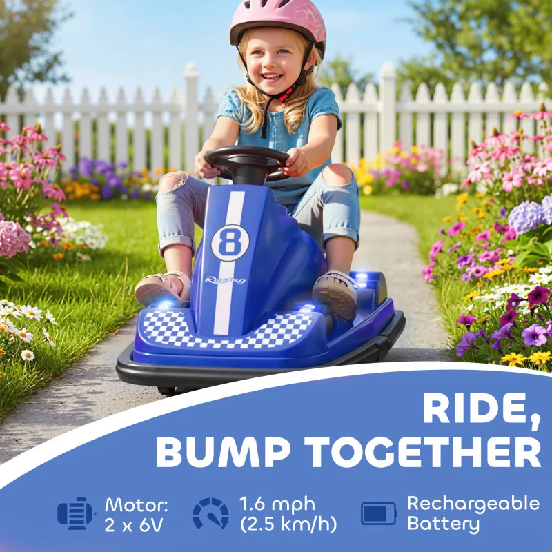 Blue electric bumper car with checkered front panel, featuring a child wearing a helmet