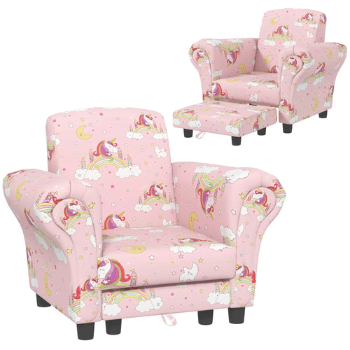 Kids 2-piece sofa set: pink unicorn printed loveseat and armchair with dark legs
