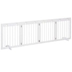 White folding pet gate with vertical bars and paw-print panels, freestanding with support feet