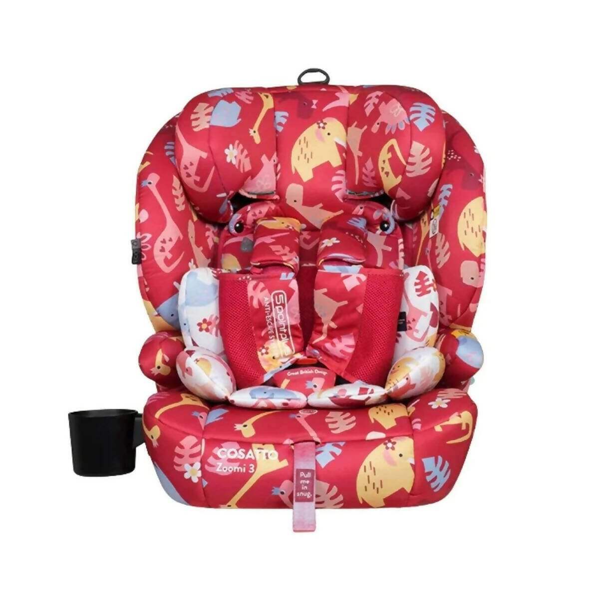 Red car seat with dinosaur print, padded headrest and 5-point harness