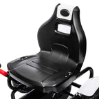 Black molded seat and handlebar area on a white kids pedal go-kart