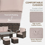 Mixed brown rattan patio furniture cushions with water-resistant fabric covers