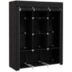 Black fabric wardrobe interior with hanging rail and multiple storage shelves, open front.