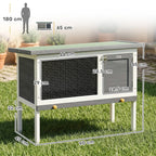 Grey wooden rabbit hutch with wire panel door, front view with dimensions
