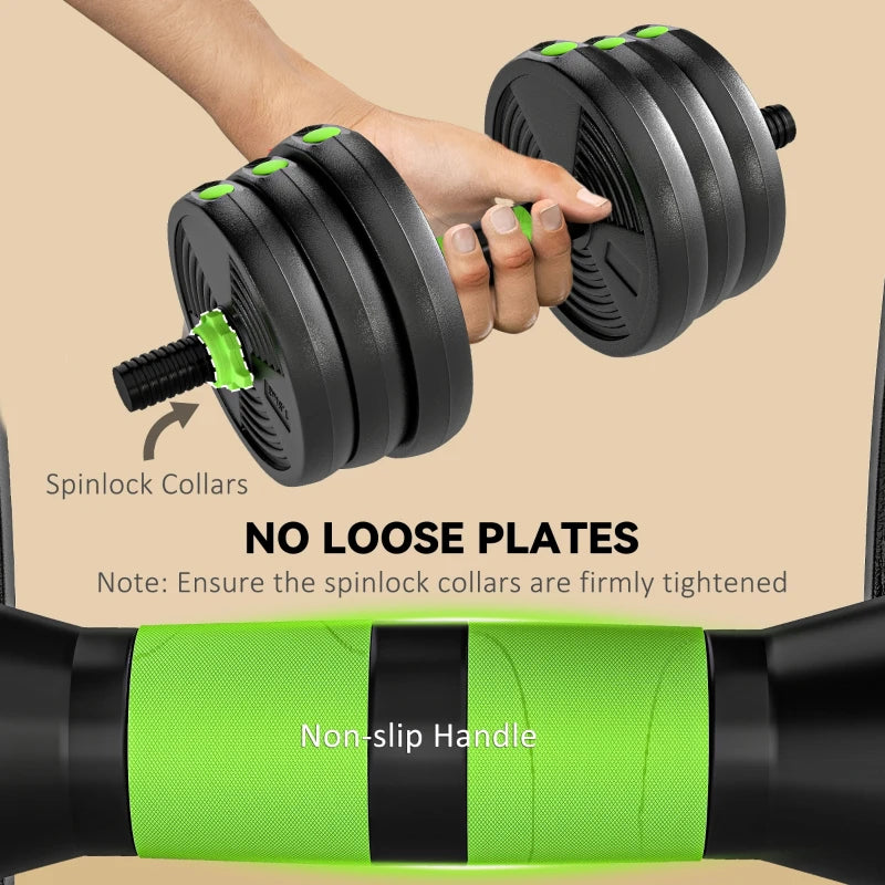 Adjustable dumbbell with spinlock collars and green non-slip handle, gripped by hand