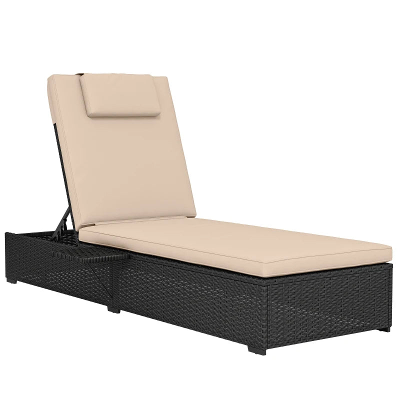 Black rattan sun lounger with beige cushion and raised reclining backrest